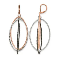 Pair of oval-shaped drop earrings with rose gold and silver textured outer bands and black and rose gold inner strands, shown from front and back views.