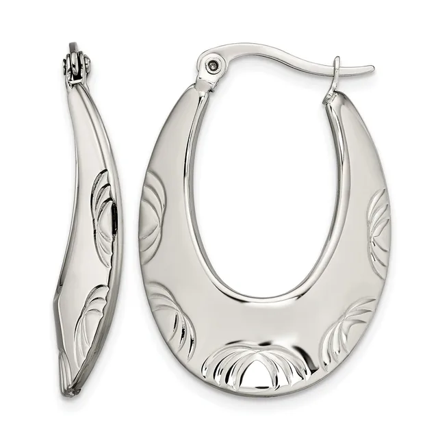 A pair of silver hoop earrings with textured leaf or feather designs etched on the surface, shown from front and side views.