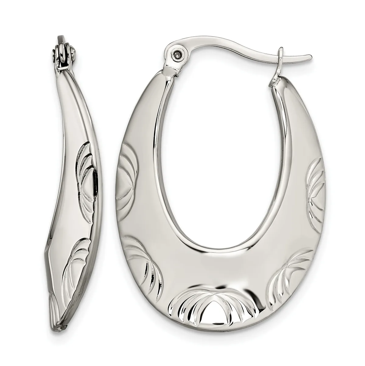 A pair of silver hoop earrings with textured leaf or feather designs etched on the surface, shown from front and side views.