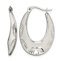 A pair of silver hoop earrings with textured leaf or feather designs etched on the surface, shown from front and side views.