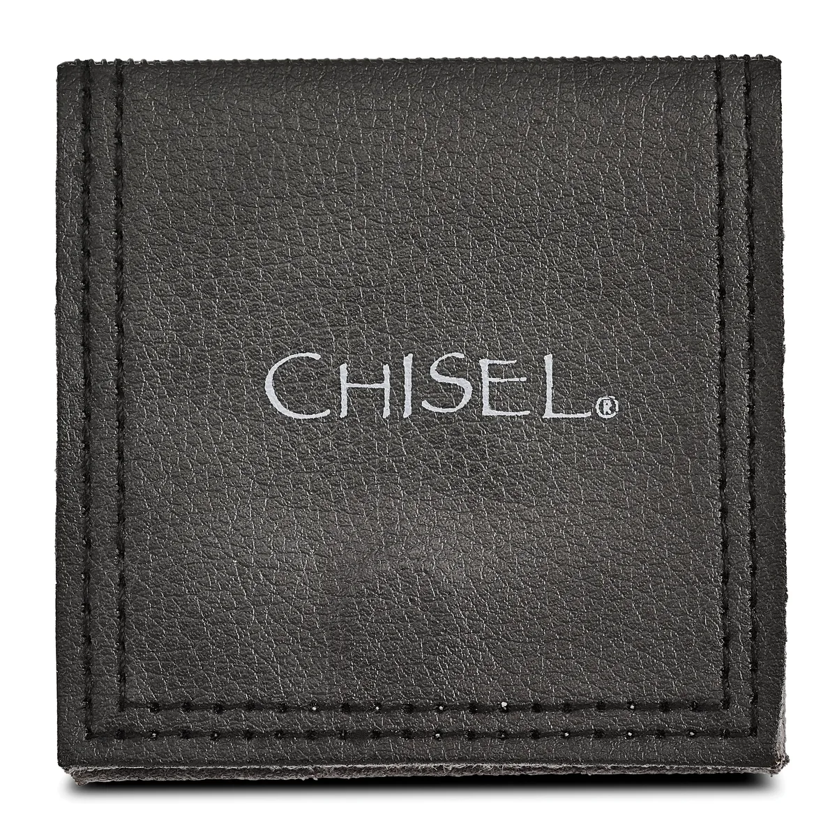 A black leather jewelry box with stitched edges, shown closed against a white background.