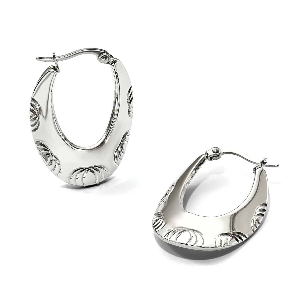 Two silver hoop earrings with textured oval shapes and decorative striped patterns on the sides, shown from front and back angles.