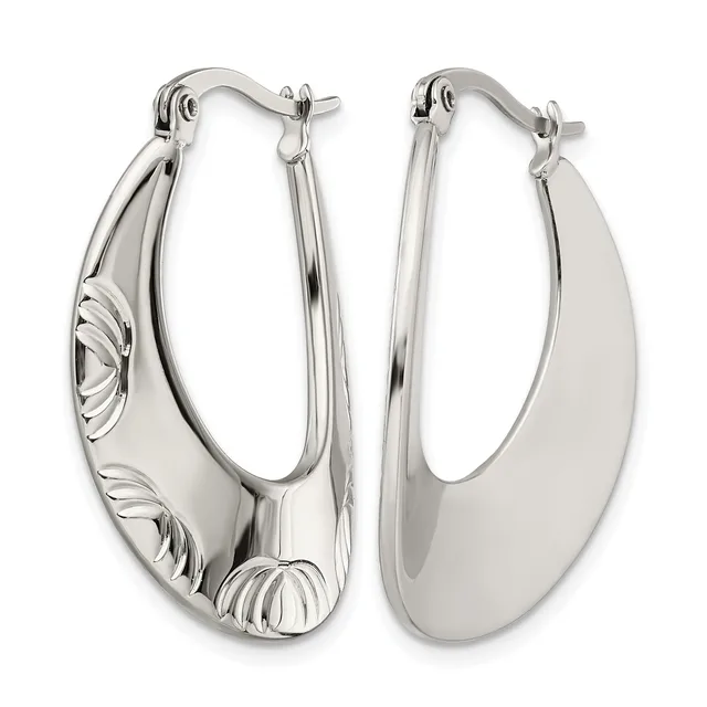 A pair of polished silver hoop earrings with decorative shell-pattern details on the sides, shown from front and back views.