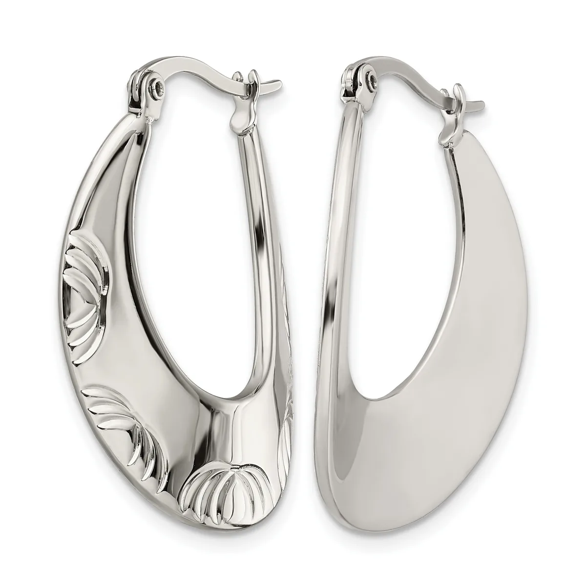 A pair of polished silver hoop earrings with decorative shell-pattern details on the sides, shown from front and back views.