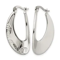 A pair of polished silver hoop earrings with decorative shell-pattern details on the sides, shown from front and back views.