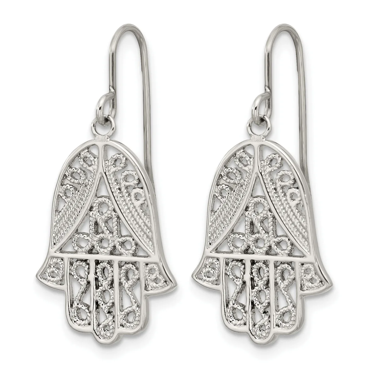 A pair of silver hamsa hand earrings with cubic zirconia stones and wire hooks, shown from the front.