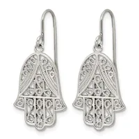 A pair of silver hamsa hand earrings with cubic zirconia stones and wire hooks, shown from the front.