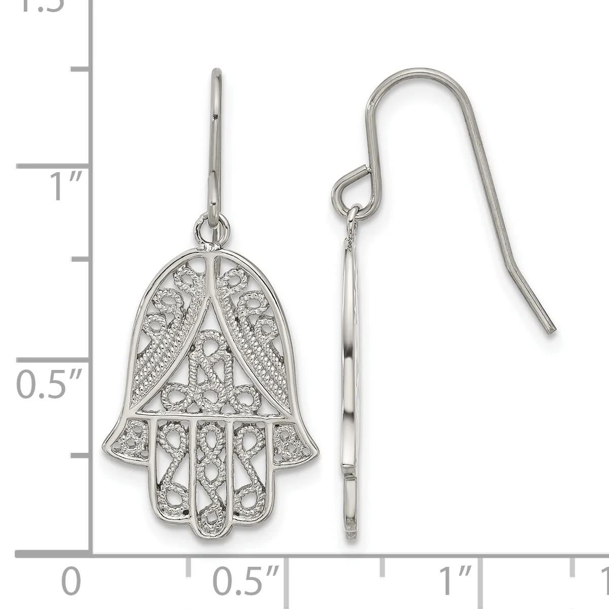 Silver hamsa hand earrings with filigree detailing and cubic zirconia stones, shown on a measurement scale indicating approximately one inch in length.