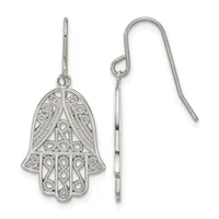 A pair of silver hamsa hand drop earrings with ornate filigree detailing and hook-style ear wires.