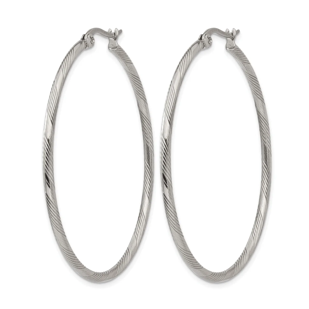 Pair of large silver-toned twisted hoop earrings with hinged closures, displayed against a white background.