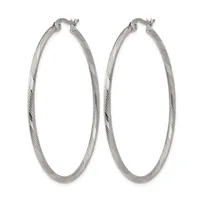 Pair of large silver-toned twisted hoop earrings with hinged closures, displayed against a white background.