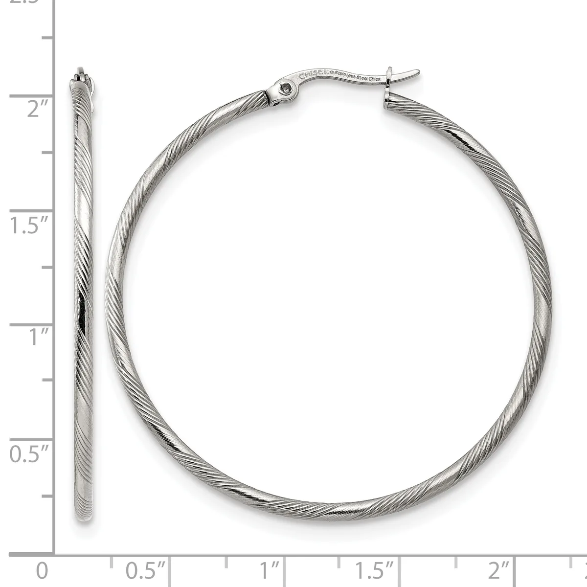 A pair of silver twisted hoop earrings with hinged closures, shown next to a ruler measuring approximately two inches in diameter.