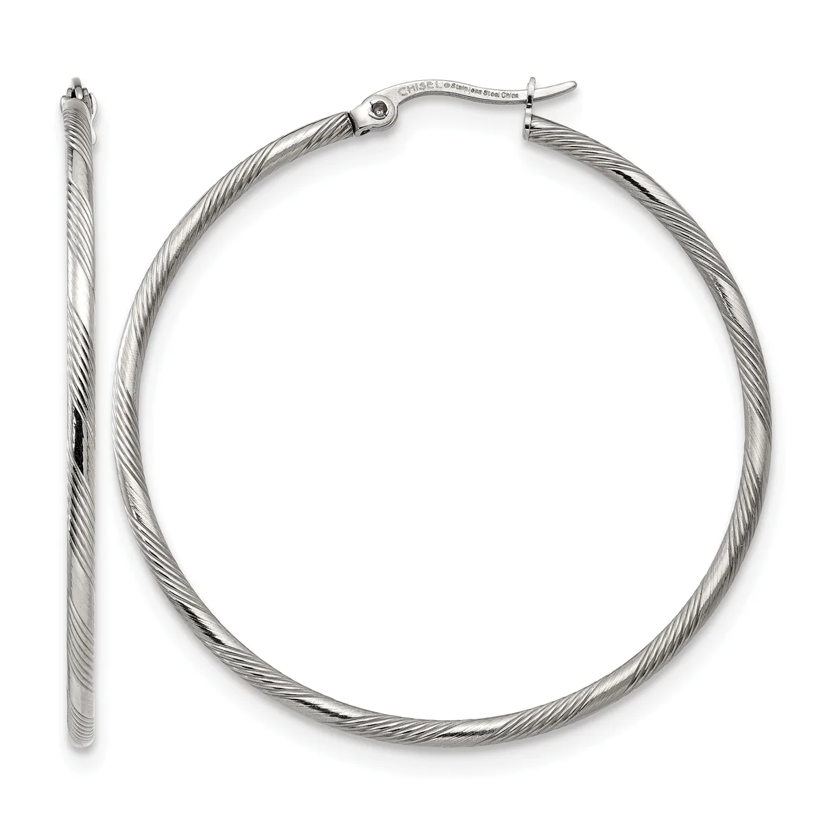 A pair of silver-toned twisted hoop earrings displayed open and closed views against a white background.