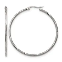 A pair of silver-toned twisted hoop earrings displayed open and closed views against a white background.