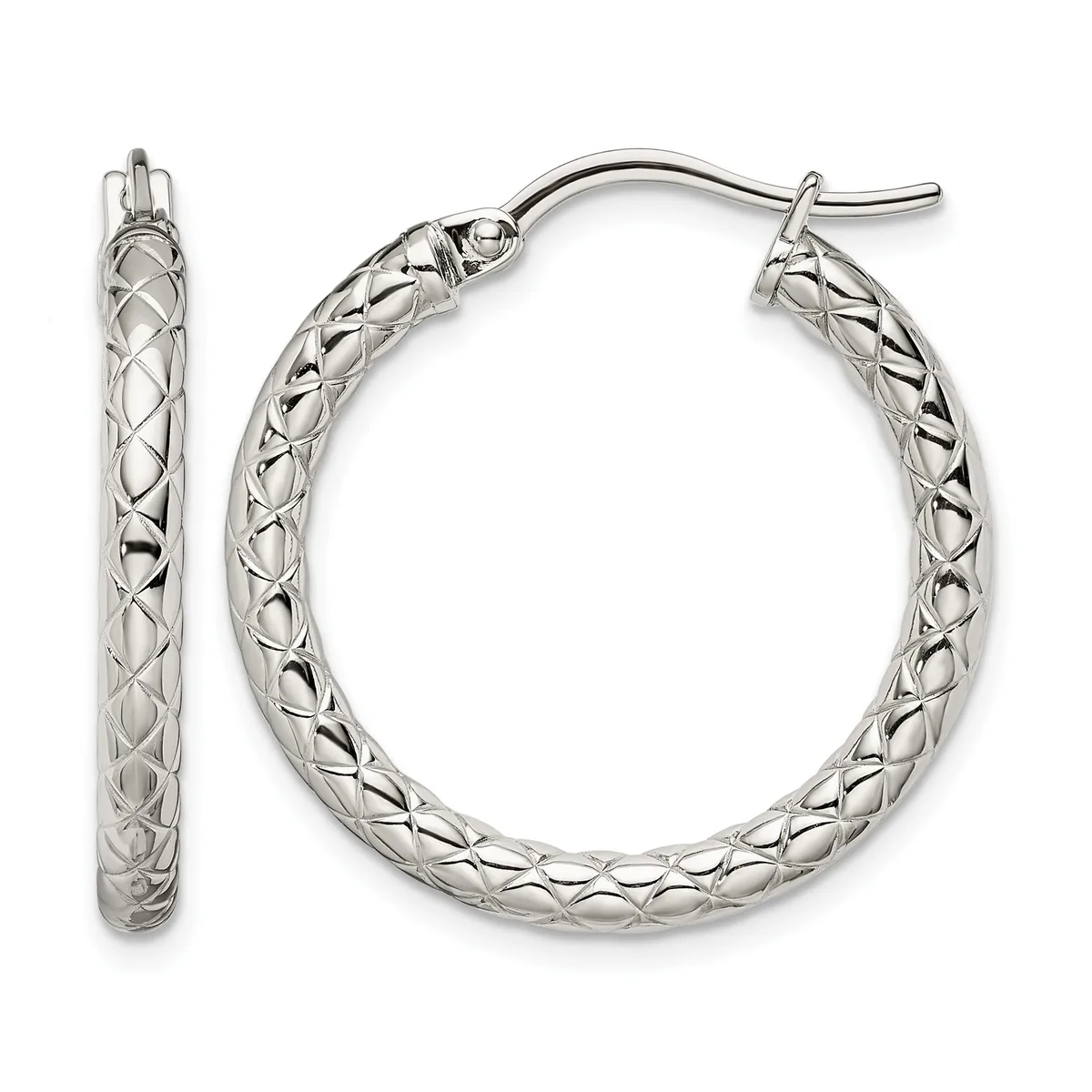 A pair of silver hoop earrings with a quilted crosshatch surface pattern, shown from front and side views.