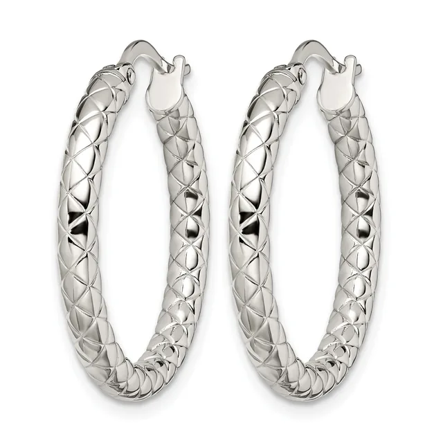 A pair of silver hoop earrings with a textured crosshatch pattern and curved hook closures, displayed against a white background.