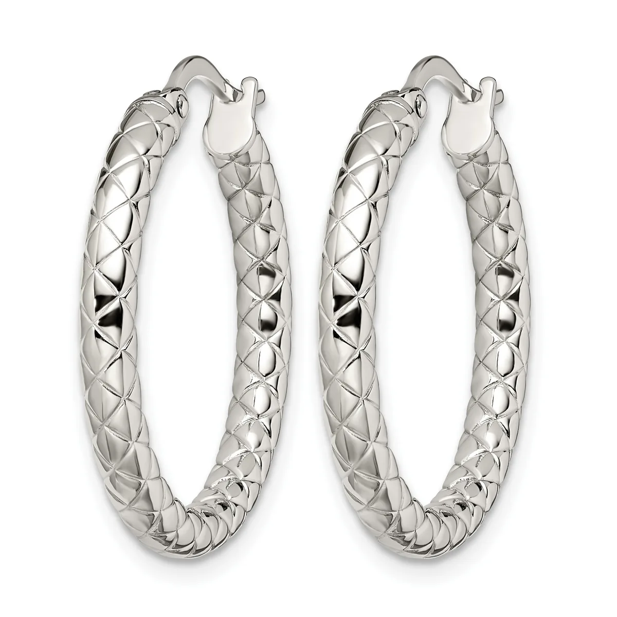 A pair of silver hoop earrings with a textured crosshatch pattern and curved hook closures, displayed against a white background.