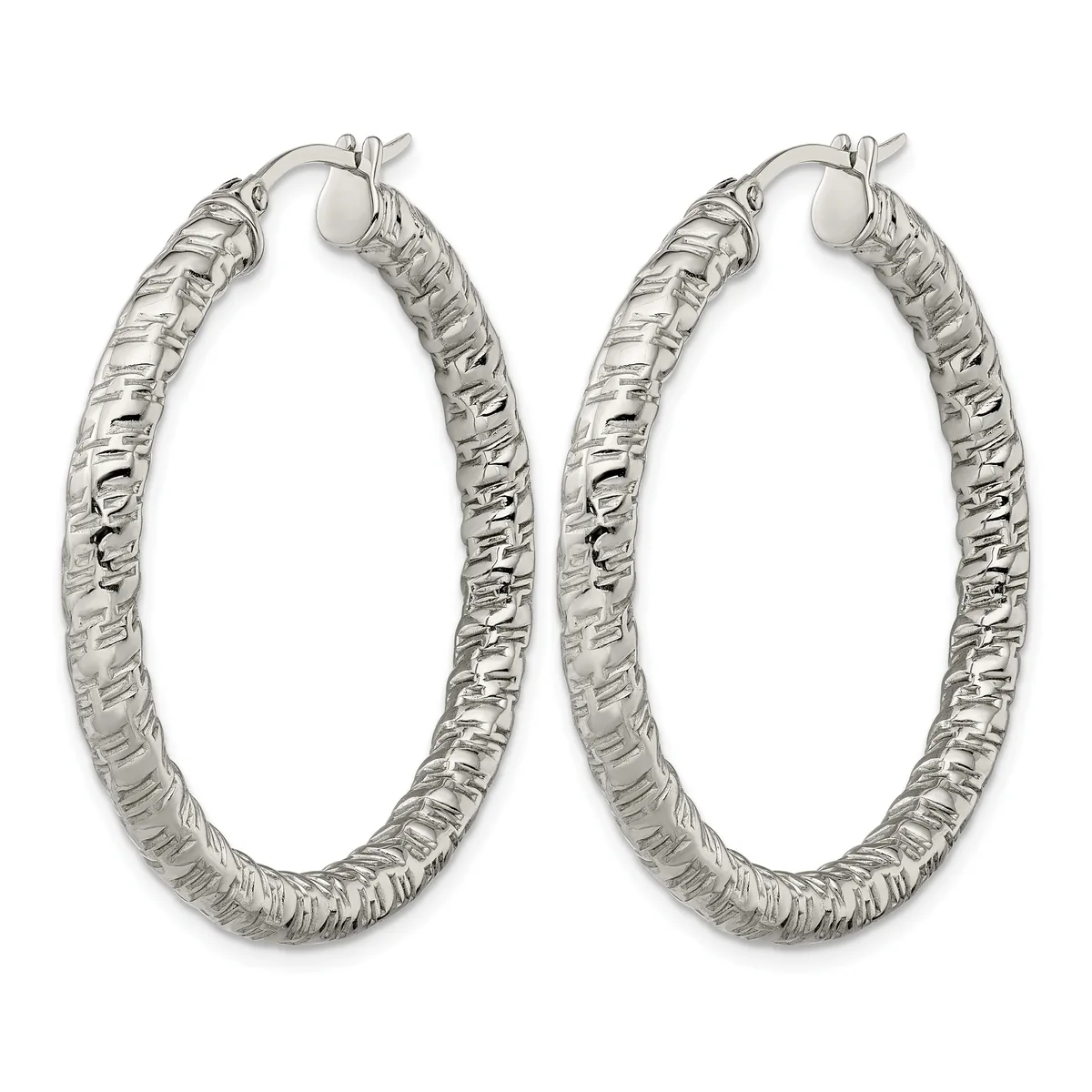 A pair of silver hoop earrings with a textured, hammered surface finish and hinged closure posts, displayed against a white background.