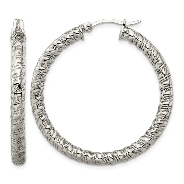 A pair of silver hoop earrings with a textured, hammered surface and hinged post closures, shown from front and side views.