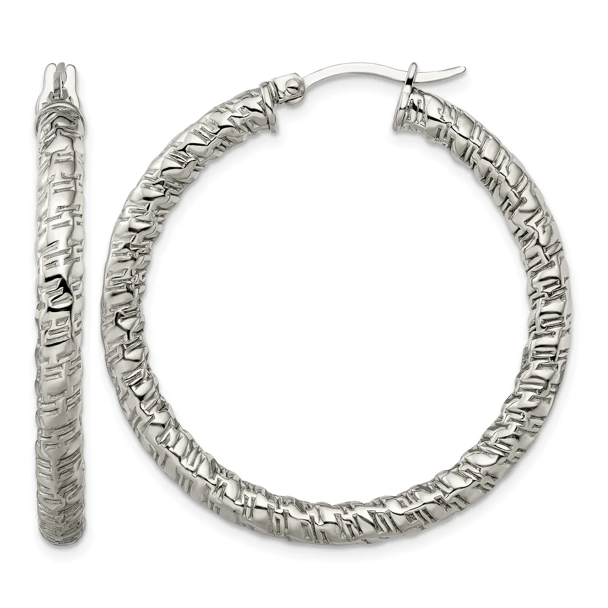 A pair of silver hoop earrings with a textured, hammered surface and hinged post closures, shown from front and side views.