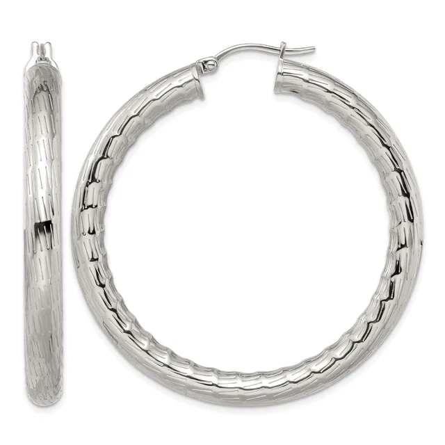 A pair of silver hoop earrings with a textured surface pattern, shown from front and side views.