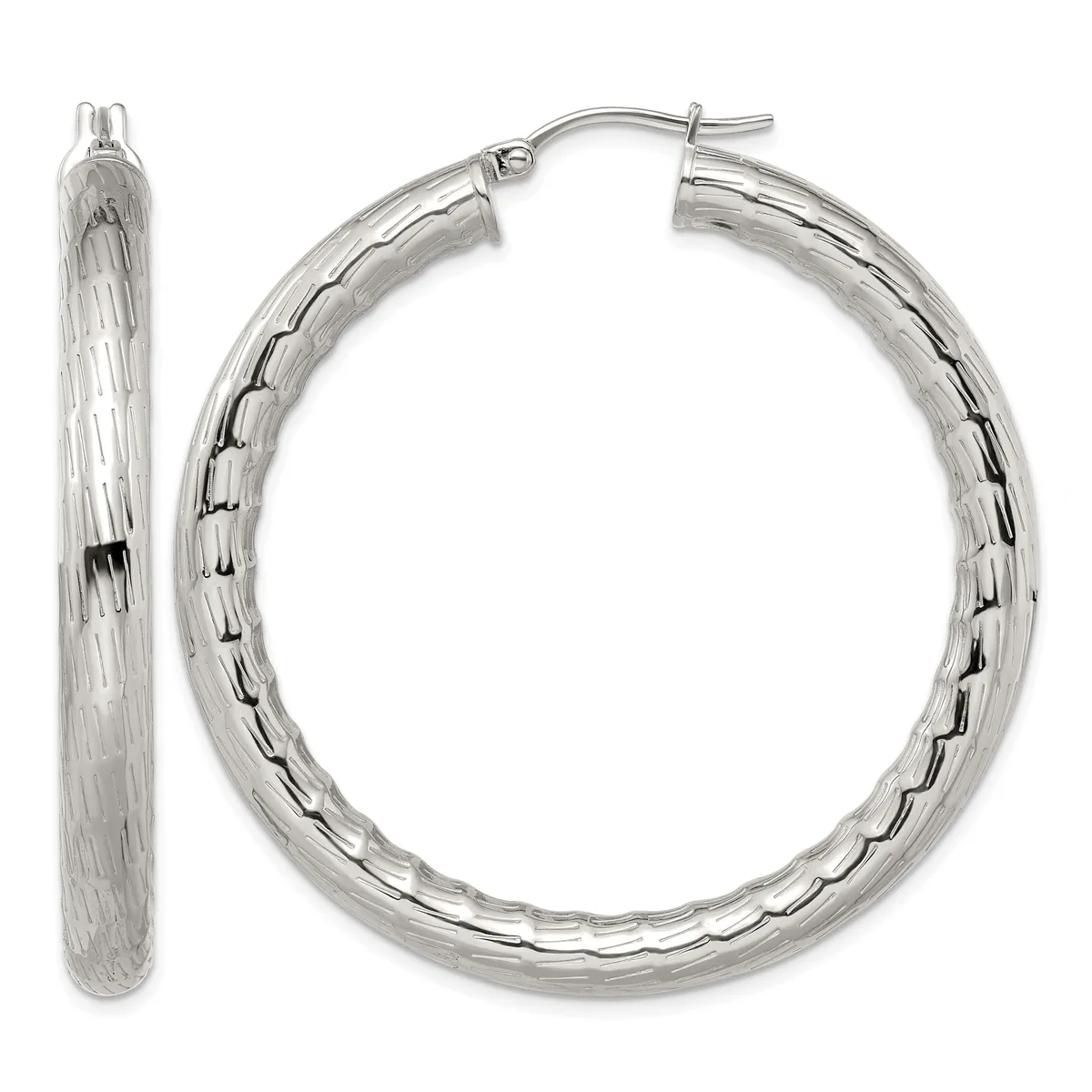 A pair of silver hoop earrings with a textured surface pattern, shown from front and side views.