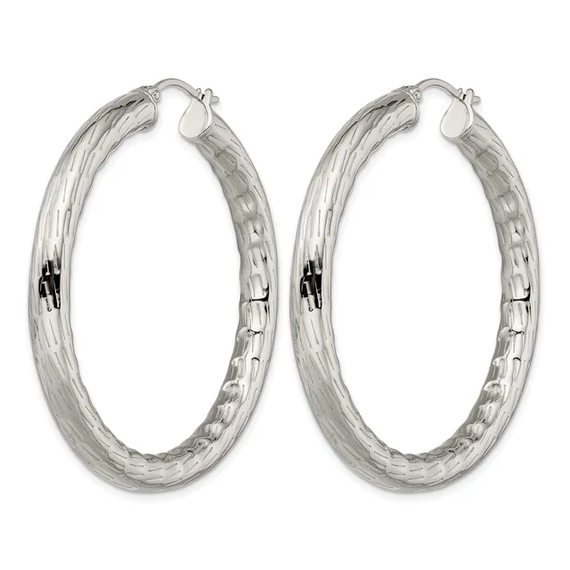 Pair of silver-toned hoop earrings with a textured hammered finish and hinged closure posts, shown from the front.