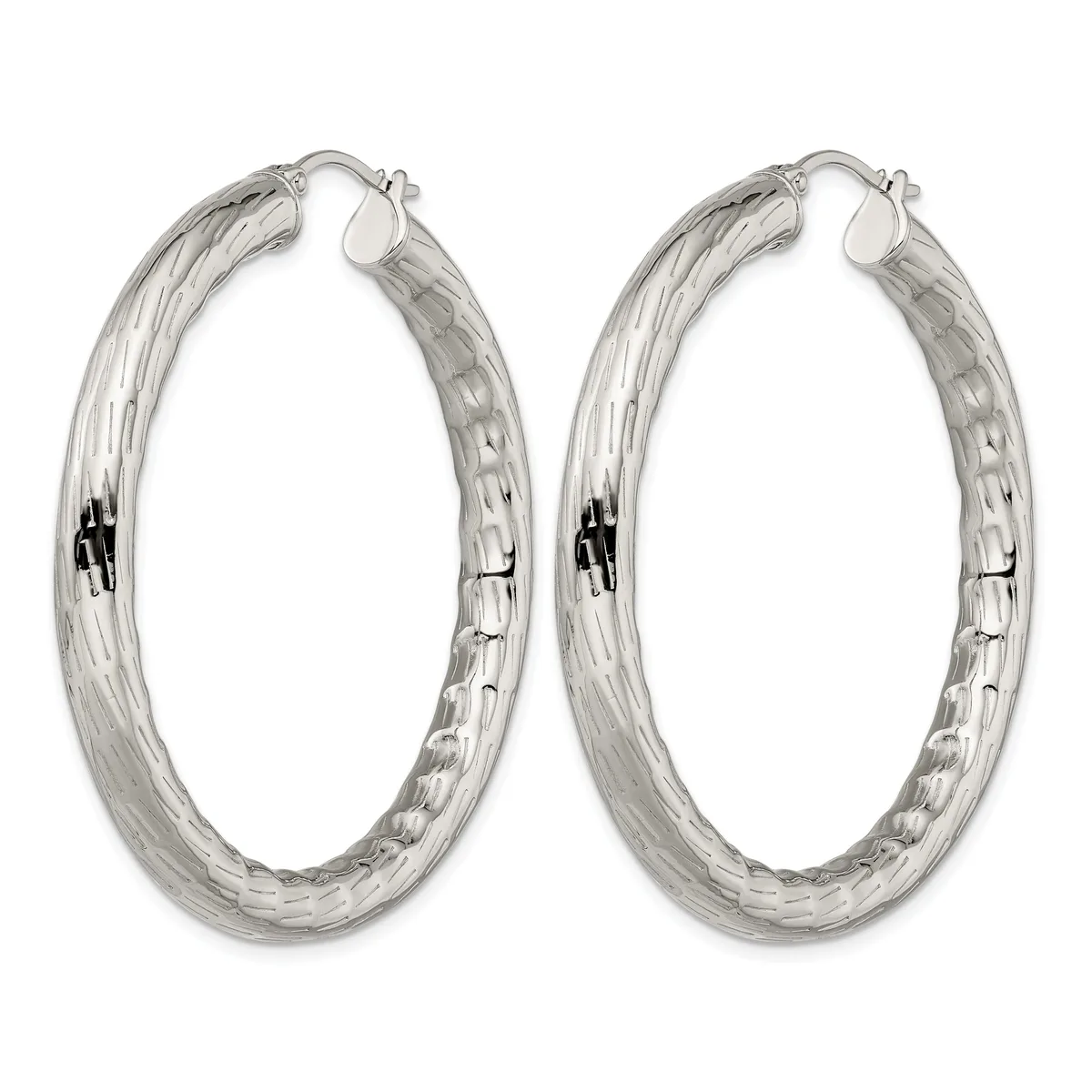 Pair of silver-toned hoop earrings with a textured hammered finish and hinged closure posts, shown from the front.