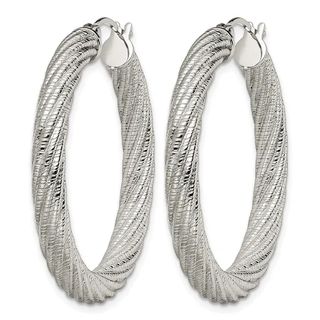 A pair of silver hoop earrings with a textured, woven surface finish and hook closures.
