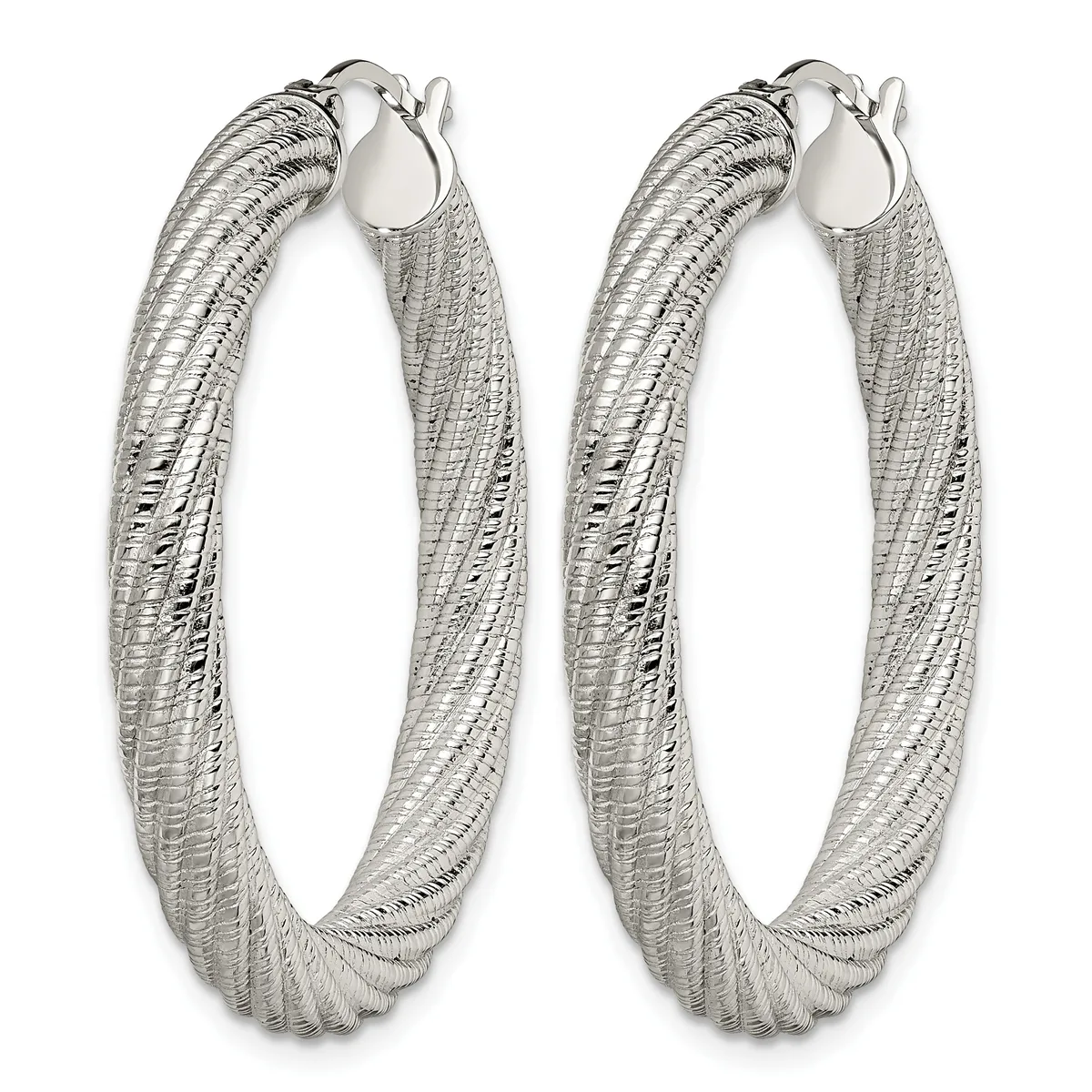 A pair of silver hoop earrings with a textured, woven surface finish and hook closures.