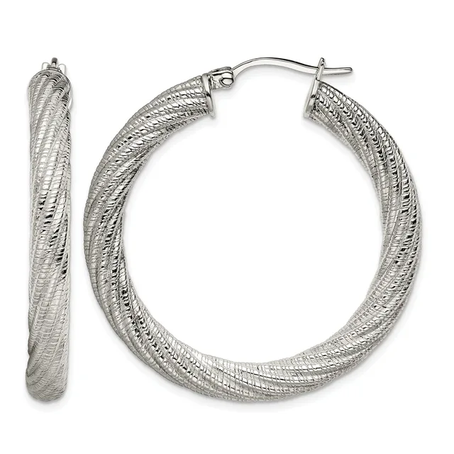 A pair of silver textured hoop earrings shown from the front and side, featuring a brushed surface pattern and post-and-clutch closures.