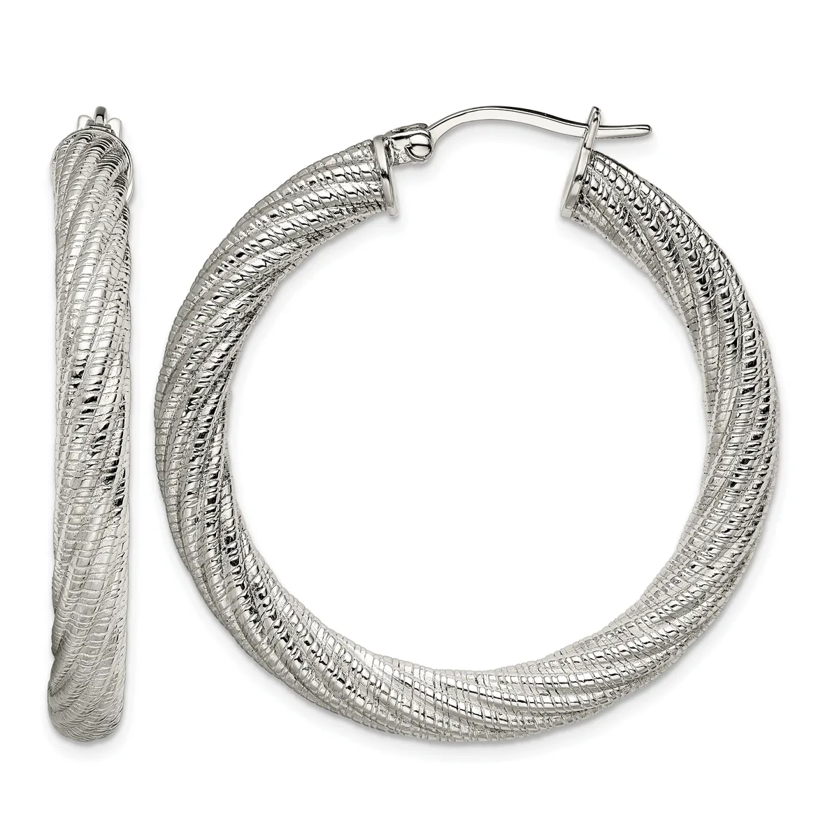 A pair of silver textured hoop earrings shown from the front and side, featuring a brushed surface pattern and post-and-clutch closures.