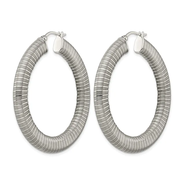 A pair of silver-toned hoop earrings with a textured, ridged surface throughout, shown against a white background.