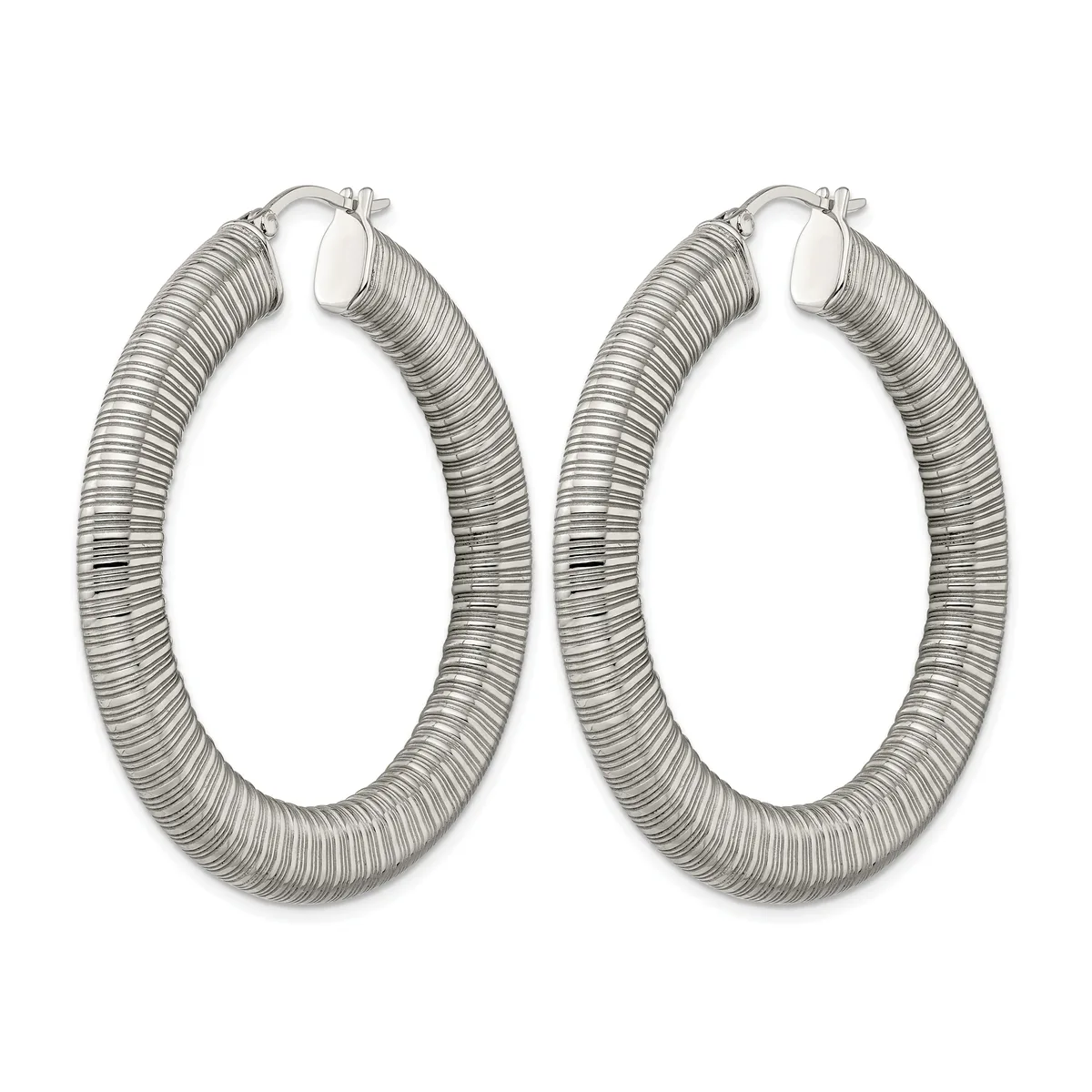 A pair of silver-toned hoop earrings with a textured, ridged surface throughout, shown against a white background.