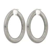 A pair of silver-toned hoop earrings with a textured, ridged surface throughout, shown against a white background.