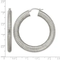 Pair of textured silver-tone hoop earrings with ridged surface detail, shown at actual size on a measurement scale from 0 to 2.5 inches.
