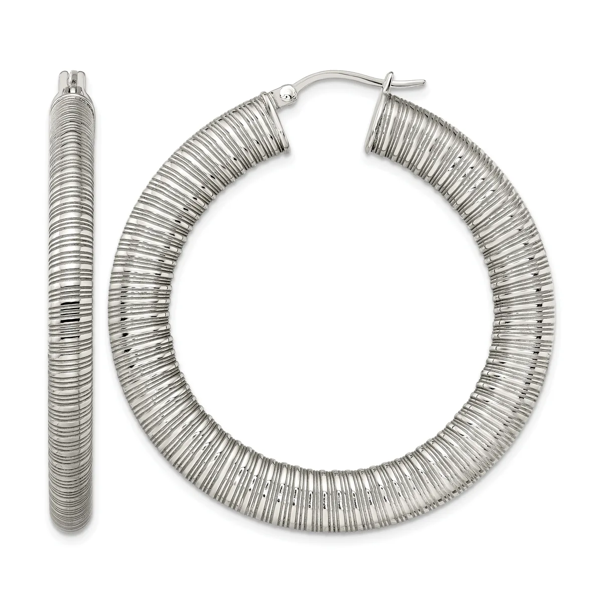 A pair of silver-toned textured hoop earrings with a ridged surface pattern, shown from the front with one earring displayed separately on the left.
