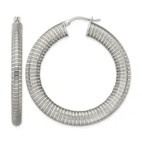 A pair of silver-toned textured hoop earrings with a ridged surface pattern, shown from the front with one earring displayed separately on the left.