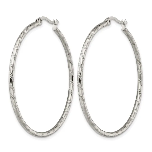A pair of silver hoop earrings with a twisted textured surface and hinged closures, displayed against a white background.