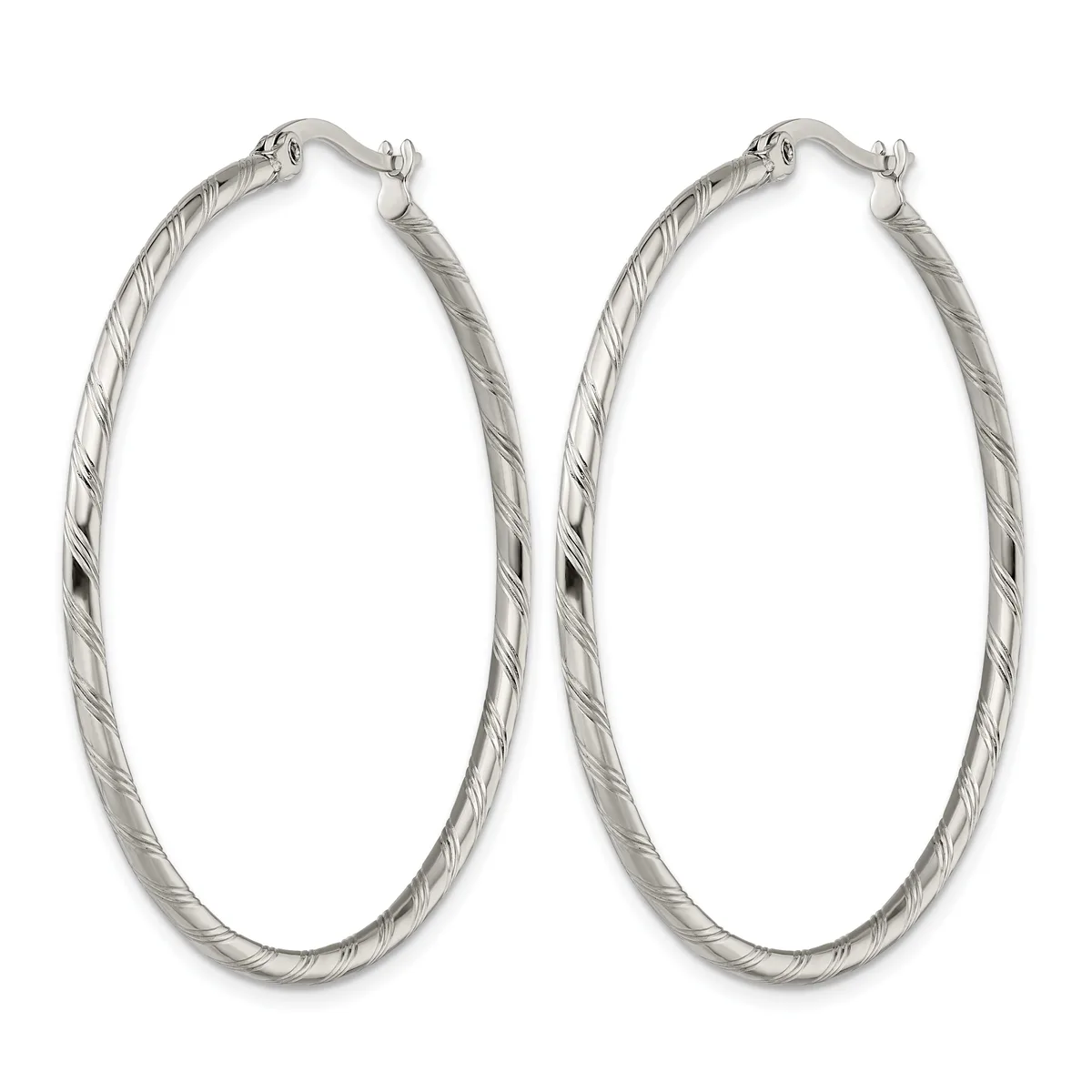 A pair of silver hoop earrings with a twisted textured surface and hinged closures, displayed against a white background.