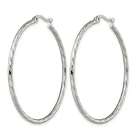 A pair of silver hoop earrings with a twisted textured surface and hinged closures, displayed against a white background.