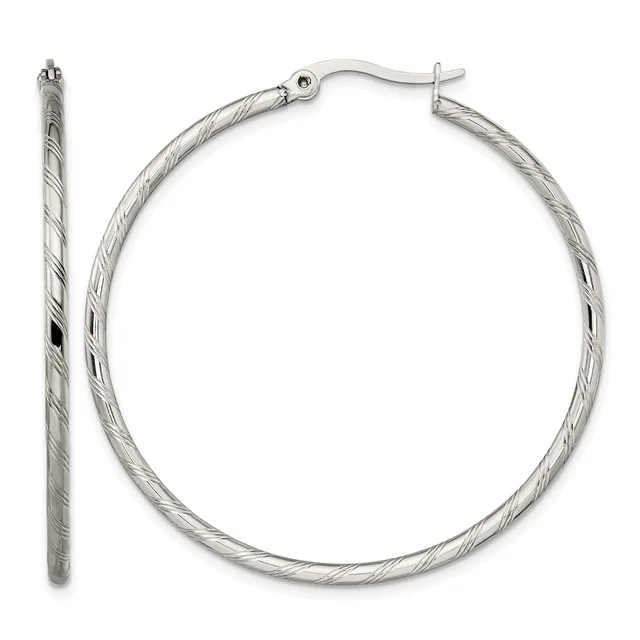 A pair of silver twisted hoop earrings with hinged posts, shown from front and side views.