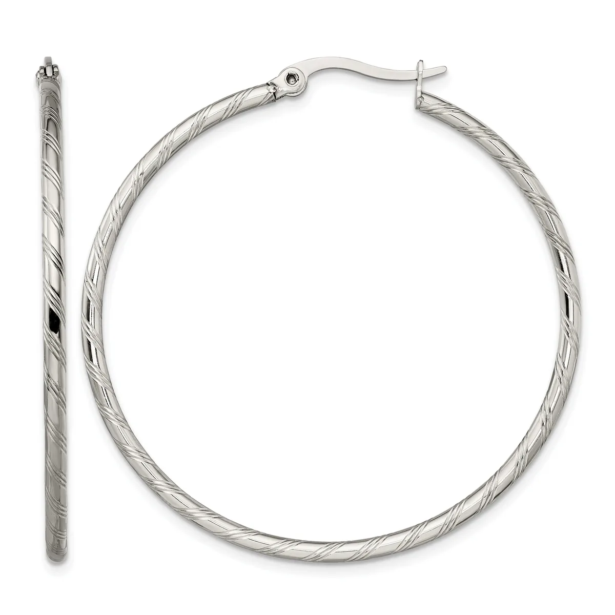 A pair of silver twisted hoop earrings with hinged posts, shown from front and side views.