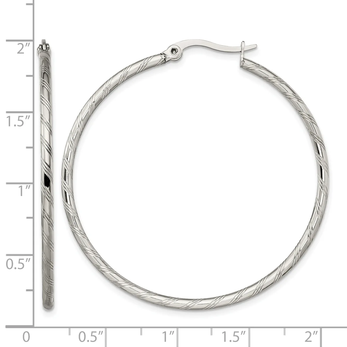 Silver-toned twisted hoop earrings displayed next to a measurement ruler showing approximately two inches in diameter.