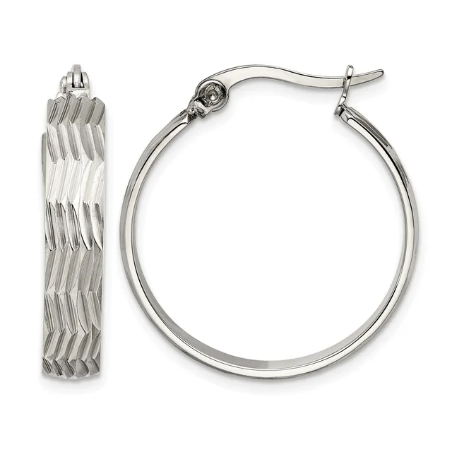 A pair of silver hoop earrings, one displaying a textured braided pattern and the other a smooth polished finish, both with hook closures.
