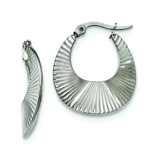 A pair of silver-toned hoop earrings with radiating ridged texture, shown from front and side views with hinged posts and backs.