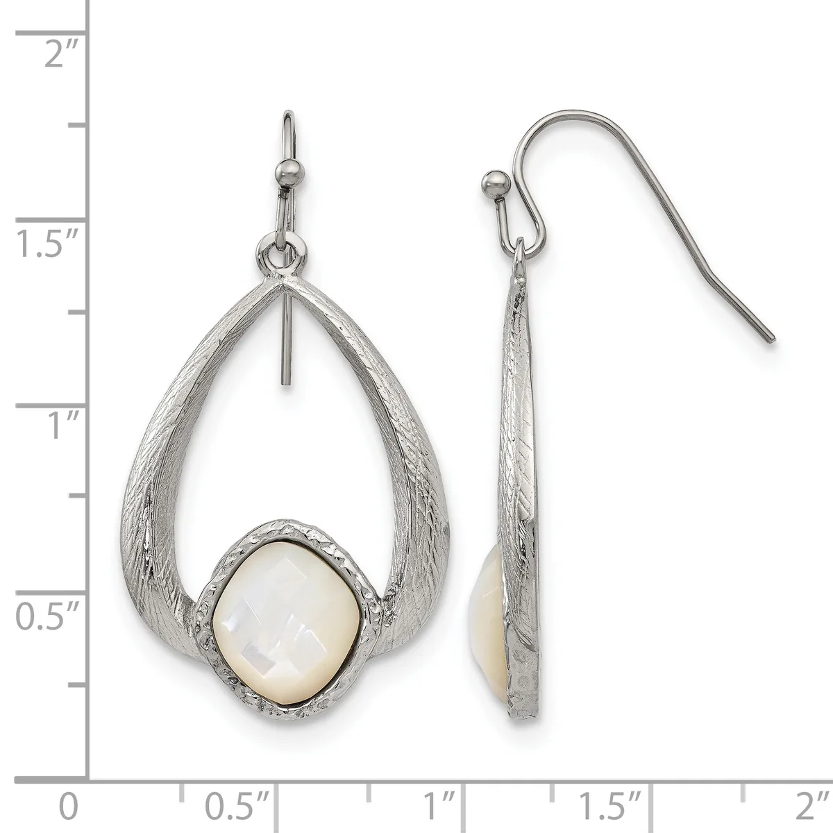 Pair of silver teardrop earrings with white mother-of-pearl cabochon stones, shown front and side view against a measurement ruler.