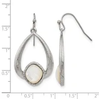 Pair of silver teardrop earrings with white mother-of-pearl cabochon stones, shown front and side view against a measurement ruler.