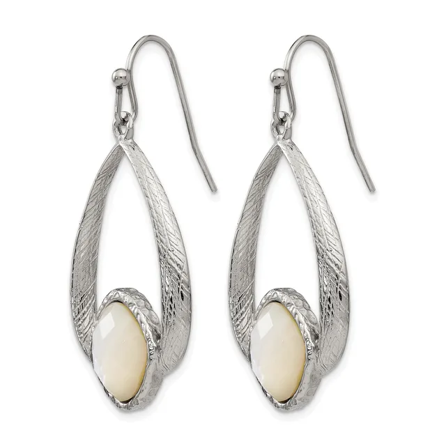 Pair of silver teardrop earrings with textured surfaces and cream-colored oval stone centers, suspended from curved ear wires.