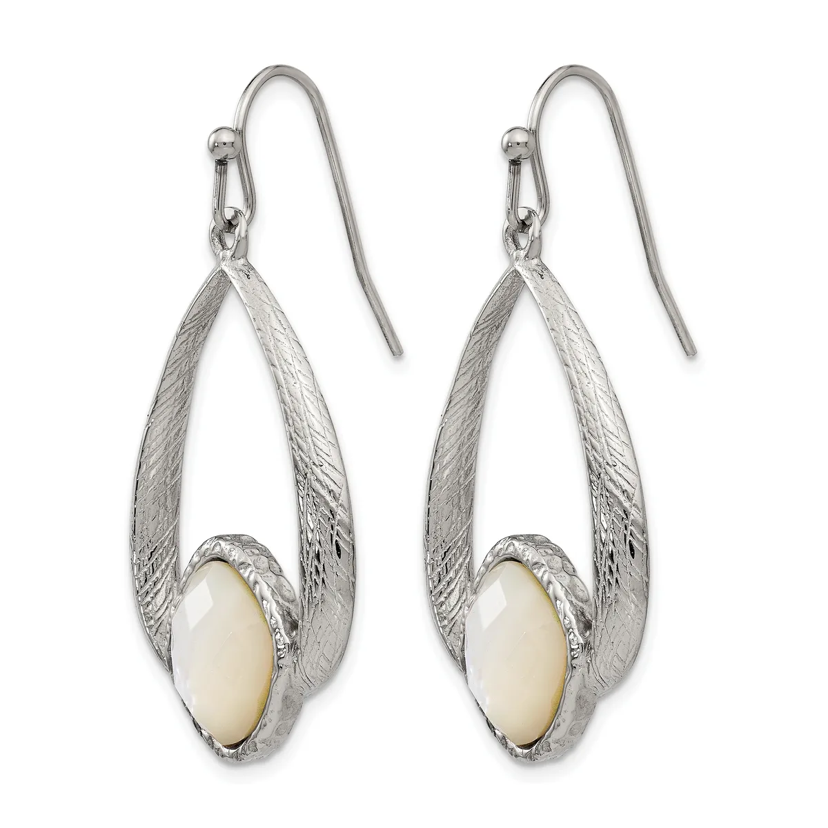 Pair of silver teardrop earrings with textured surfaces and cream-colored oval stone centers, suspended from curved ear wires.